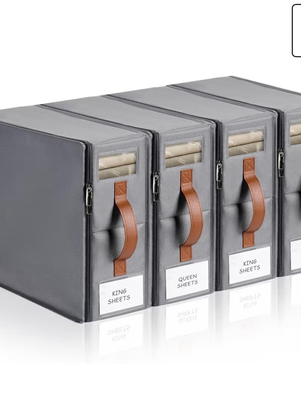 Set of Grey Fabric Storage Boxes with Brown Leather Handles